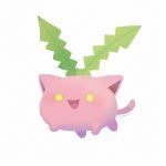  :d ayu_(mog) black_border border full_body hoppip leaf looking_at_viewer no_humans open_mouth pokemon pokemon_(creature) signature simple_background smile white_background 