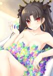  1girl armpits bangs bathtub blush breasts cleavage closed_mouth collarbone earrings eyebrows_visible_through_hair fate/grand_order fate_(series) gem holding hoop_earrings ishtar_(fate/grand_order) jewelry light lips long_hair medium_breasts nude parted_bangs red_eyes shiny shiny_hair smile solo taiki_ken thighs tiara tohsaka_rin two_side_up 