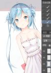  1girl adobe_photoshop blue_eyes blue_hair breasts cleavage collarbone dress eyebrows_visible_through_hair hatsune_miku holding_letter leaning_to_the_side long_hair looking_at_viewer medium_breasts sleeveless sleeveless_dress solo sundress twintails very_long_hair vocaloid white_dress yu_(729835849) 