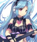  1girl 5pb_(choujigen_game_neptune) absurdres bare_shoulders blue_hair blush choujigen_game_neptune collar guitar hair_ornament headphones highres instrument long_hair looking_at_viewer mole mole_under_eye neptune_(series) normaland smile solo tattoo violet_eyes 