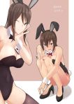  2girls absurdres animal_ears black_bow black_legwear black_leotard black_neckwear bow bowtie breasts brown_eyes brown_hair bunny_tail bunnysuit cleavage cowboy_shot detached_collar full_body girls_und_panzer highres irukatto leotard long_hair looking_at_viewer medium_breasts mika_(girls_und_panzer) multiple_girls nishizumi_maho rabbit_ears red_bow red_bowtie short_hair squatting strapless strapless_leotard tail thigh-highs wrist_cuffs 