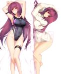  1girl alternate_costume arm_strap breasts dakimakura fate/grand_order fate_(series) ishikawa_kuma_yarou knife large_breasts long_hair multiple_views naked_sweater one-piece_swimsuit purple_hair red_eyes ribbed_sweater sample scathach_(fate/grand_order) scathach_(swimsuit_assassin)_(fate) sweater swimsuit thigh_strap throwing_knife 