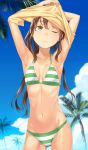  1girl ;&lt; armpits arms_up bikini blue_sky breasts brown_hair closed_mouth clouds cloudy_sky collarbone contrapposto cowboy_shot day gluteal_fold green_bikini highres kimura_(ykimu) long_hair looking_up navel original outdoors palm_tree shirt_lift shirt_over_head simple_background sky small_breasts solo striped striped_bikini swimsuit tree twintails undressing white_background yellow_eyes 