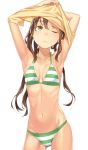  1girl ;&lt; armpits arms_up bikini breasts brown_hair closed_mouth collarbone contrapposto cowboy_shot gluteal_fold highres kimura_(ykimu) long_hair looking_up navel original shirt_lift shirt_over_head simple_background small_breasts solo striped striped_bikini swimsuit twintails white_background yellow_eyes 