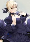  1girl artoria_pendragon_(all) bangs black_ribbon blonde_hair blurry breasts cleavage closed_mouth collarbone depth_of_field dress expressionless eyebrows_visible_through_hair fate/stay_night fate_(series) from_side grey_background hair_ribbon halter_dress hand_on_own_chest hand_up juliet_sleeves kanameyura long_sleeves looking_at_viewer looking_to_the_side medium_breasts puffy_sleeves purple_dress ribbon saber_alter short_hair simple_background solo upper_body yellow_eyes 