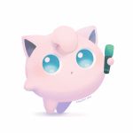  ayu_(mog) black_border blue_eyes border full_body holding holding_microphone jigglypuff looking_at_viewer microphone no_humans parted_lips pokemon pokemon_(creature) signature simple_background standing white_background 