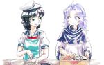  2girls ahoge apron black_hair cooking eating food green_eyes hat kesa kumoi_ichirin lavender_hair long_hair meimaru_inuchiyo multiple_girls murasa_minamitsu onigiri purple_hair sailor_collar santa_hat short_hair sweatdrop touhou violet_eyes white_background 