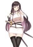  1girl absurdres black_hair black_legwear breasts brown_eyes buttons ccjn commentary_request gloves hair_ornament hairclip highres katana large_breasts long_hair long_sleeves looking_at_viewer military military_uniform original simple_background solo sword thigh-highs uniform weapon white_background white_gloves 