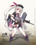  1girl artist_request bangs beret black_gloves black_skirt blush boots character_name closed_mouth copyright_name cross-laced_footwear eyebrows_visible_through_hair fingerless_gloves girls_frontline gloves grey_hair gun hair_between_eyes hat highres holding holding_gun holding_weapon jacket jiang-ge long_hair looking_at_viewer miniskirt official_art open_clothes open_jacket rigging shadow shotgun skirt smile solo thigh-highs trigger_discipline two_side_up usas-12 usas-12_(girls_frontline) very_long_hair violet_eyes watermark weapon web_address white_legwear 