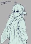  10s 1girl 2017 antennae dated folded_ponytail futami_kazuha gloves hakama hand_on_headphones headphones japanese_clothes kantai_collection kasuga_maru_(kantai_collection) kimono monochrome scarf single_glove solo taiyou_(kantai_collection) twitter_username 