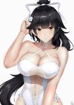 1girl azur_lane black_hair bow breasts brown_eyes casual_one-piece_swimsuit cleavage cowboy_shot hair_bow hair_flaps highres kakekcaboel large_breasts long_hair looking_at_viewer one-piece_swimsuit ponytail simple_background solo swimsuit takao_(azur_lane) very_long_hair white_background white_bow white_swimsuit 