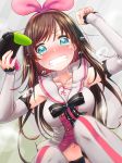  1girl a.i._channel absurdres blush bow breasts clenched_hand clenched_teeth controller crying frown game_controller green_eyes hair_bow hairband highres kizuna_ai kuromaru9 looking_at_viewer multicolored_hair tears teeth 