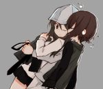  2girls bangs black_jacket black_neckwear black_skirt blouse blue_hat brown_eyes brown_hair brown_pants casual closed_eyes closed_mouth couple cowboy_shot fud girls_und_panzer grey_background grey_jacket hat hug hug_from_behind jacket jacket_on_shoulders long_hair long_sleeves looking_at_another looking_back mika_(girls_und_panzer) miniskirt multiple_girls necktie nishizumi_maho one_eye_closed pants pleated_skirt selection_university_military_uniform short_hair simple_background skirt sleepy smile standing white_blouse yuri 