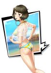  1girl absurdres ass atlus beach bikini bikini_under_clothes black_hair blush breasts brown_eyes brown_hair cleavage cute female female_ass highres horizontal-striped_bikini horizontal_stripes kawakami_sadayo looking_at_viewer medium_breasts megami_tensei persona persona_5 shirt short_hair sky smile solo standing striped striped_bikini striped_swimsuit summer swimsuit wet whistle white_stripes yellow_stripes 