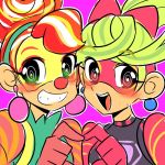  2girls :d al_bhed_eyes arms_(game) bangs blonde_hair blush bright_pupils cello_(us) clown clown_nose colorful crossed_bangs earrings eyebrows_visible_through_hair eyelashes green_eyes green_hair green_shirt grin hair_ribbon heart heart_hands jewelry lola_pop long_hair looking_at_viewer multicolored_hair multiple_girls open_mouth orange_hair outline pink_background pink_ribbon ponytail raised_eyebrows red_eyes redhead ribbon ribbon_girl_(arms) shirt short_hair simple_background sketch smile streaked_hair suspenders teeth tongue turtleneck two-tone_hair upper_body white_hair white_pupils 