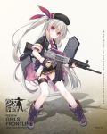  1girl artist_request bangs beret black_gloves black_skirt blush boots character_name closed_mouth copyright_name cross-laced_footwear eyebrows_visible_through_hair fingerless_gloves girls_frontline gloves grey_hair gun hair_between_eyes hat highres holding holding_gun holding_weapon jacket jiang-ge long_hair looking_at_viewer miniskirt official_art open_clothes open_jacket rigging shadow shotgun skirt smile solo thigh-highs trigger_discipline two_side_up usas-12 usas-12_(girls_frontline) very_long_hair violet_eyes watermark weapon web_address white_legwear 