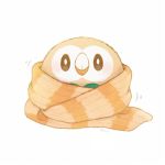  ayu_(mog) black_border blush border brown_eyes commentary_request full_body looking_at_viewer motion_lines no_humans orange_scarf pokemon pokemon_(creature) pokemon_(game) pokemon_sm rowlet scarf signature simple_background white_background 