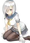  10s 1girl blue_eyes blue_skirt blush breasts gloves hair_ornament hair_over_one_eye hairclip hamakaze_(kantai_collection) highres kantai_collection kneeling large_breasts looking_at_viewer masukuza_j pantyhose pleated_skirt sailor_collar school_uniform serafuku shadow short_hair short_sleeves simple_background skirt solo striped striped_skirt white_background white_gloves 
