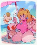  1girl beach belly blonde_hair blue_eyes breasts curvy food fruit highres hono1212 large_breasts long_hair lotion mario super_mario_bros. navel pear plump princess_peach sitting sunscreen swimsuit thick_thighs thighs toad wide_hips 