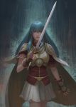  1girl armor blue_eyes blue_hair breastplate cape eirika fire_emblem fire_emblem:_seima_no_kouseki gloves holding holding_sword holding_weapon long_hair looking_at_viewer pauldrons skirt solo sword weapon yagaminoue 