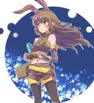  1girl animal_ears brown_eyes brown_hair bunny_tail camera commentary_request iesupa navel pantyhose rabbit_ears rwby sleeveless solo tail velvet_scarlatina 
