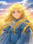  1boy blonde_hair blue_eyes fire_emblem fire_emblem:_rekka_no_ken hanasaki_komugi long_hair looking_at_viewer lucius outdoors scarf smile solo sunlight sunset 