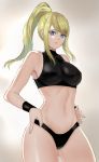  1girl absurdres bad_hands bare_shoulders black_panties blonde_hair blue_eyes breasts highres large_breasts long_hair looking_at_viewer metroid navel panties ponytail ru_(16857772) samus_aran smile solo standing underwear 