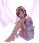  1girl :p bare_shoulders barefoot blush brown_eyes brown_hair dress hairband idolmaster idolmaster_cinderella_girls long_hair looking_at_viewer mizumoto_yukari smile solo tongue tongue_out toufuu white_background 