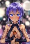  1girl assassin_(fate/prototype_fragments) black_gloves blurry blurry_background blush breasts breasts_apart center_opening closed_mouth collarbone dark_skin elbow_gloves eyebrows_visible_through_hair fate/prototype fate/prototype:_fragments_of_blue_and_silver fate_(series) flower gloves highres holding holding_flower looking_at_viewer medium_breasts puririn purple_hair rain shiny shiny_hair short_hair sidelocks smile solo twitter_username upper_body violet_eyes water water_drop wet wet_hair 