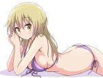  1girl back bangs bikini blonde_hair breasts butt_crack cleavage closed_mouth collarbone commentary_request expressionless front-tie_bikini front-tie_top hair_between_eyes hands_together ichii_yui long_hair looking_at_viewer lying medium_breasts mel_(melty_pot) on_stomach purple_bikini shadow side-tie_bikini sideboob solo swimsuit wet wet_hair white_background yellow_eyes yuyushiki 