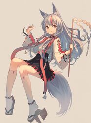  1girl animal_ears azur_lane bangs black_skirt blunt_bangs eyebrows_visible_through_hair fox_ears fox_tail full_body geta invisible_chair japanese_clothes kamikaze_(azur_lane) long_hair peroncho red_eyes red_ribbon redhead ribbon short_eyebrows silver_hair simple_background sitting skirt socks solo tail white_background 