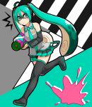  1girl :/ bare_shoulders black_legwear boots closed_mouth crossover detached_sleeves domino_mask full_body green_eyes green_hair hair_between_eyes hatsune_miku headphones headset holding holding_weapon inkling long_hair looking_at_viewer mask necktie nonaka_hako running shirt skirt solo splatoon suction_cups super_soaker tentacle_hair thigh-highs thigh_boots twintails very_long_hair vocaloid weapon zettai_ryouiki 