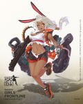  1girl artist_request bangs bare_legs black_shorts character_name copyright_name dark_skin eyebrows_visible_through_hair full_body girls_frontline grey_hair gun hair_tubes high_tops highres holding holding_gun holding_weapon long_hair looking_at_viewer navel neostead ns2000_(girls_frontline) official_art open_fly open_mouth panties red_eyes rigging shadow shoes shorts shotgun shotgun_shells silver_hair sneakers solo tank_top teeth torn_clothes underwear watermark weapon web_address white_panties 