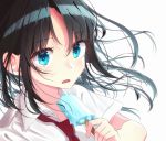  1girl bangs black_hair blue_eyes eyebrows_visible_through_hair food hami_yura holding holding_food long_hair looking_at_viewer necktie open_mouth original parted_bangs popsicle red_necktie school_uniform shirt short_sleeves simple_background solo white_background white_shirt wing_collar 