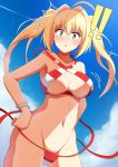  !! /\/\/\ 1girl ahoge bead_bracelet beads bikini blonde_hair blue_sky blush bracelet breasts clouds day earrings eyebrows_visible_through_hair fate/grand_order fate_(series) green_eyes hands_on_hips highres jewelry long_hair looking_at_viewer medium_breasts navel nero_claudius_(swimsuit_caster)_(fate) saber_extra side-tie_bikini sky solo sukeberosu swimsuit wardrobe_malfunction 