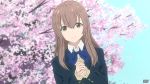  1girl absurdres blue_bow blue_neckwear bow bowtie brown_eyes brown_hair day dutch_angle hair_between_eyes hands_clasped highres koe_no_katachi long_hair looking_at_viewer nishimiya_shouko outdoors satyarizqy school_uniform solo tree upper_body 