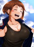  1girl adahcm blue_sky blush blush_stickers boku_no_hero_academia breasts brown_eyes brown_hair cleavage closed_eyes clouds cloudy_sky collarbone day happy highres jacket large_breasts open_clothes open_mouth short_hair sky smile solo sweat tank_top teeth track_jacket upper_body uraraka_ochako 
