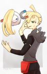  1boy anger_vein blonde_hair gladio_(pokemon) green_eyes hair_over_one_eye highres hood hoodie magnemite pokemon pokemon_(creature) pokemon_(game) pokemon_sm short_hair siroromo what 