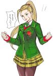  1girl :d adapted_costume blonde_hair blue_eyes cammy_white clenched_hands collared_shirt cowboy_shot green_jacket green_neckwear highres jacket long_hair long_sleeves necktie open_mouth pantyhose ponytail purple_legwear shirt simple_background sketch skirt smile solo standing street_fighter tetsu_(kimuchi) translation_request white_background wing_collar yellow_skirt 