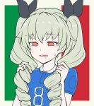  1girl anchovy bangs black_ribbon commentary crying crying_with_eyes_open drill_hair empty_eyes eyebrows_visible_through_hair flag_background girls_und_panzer green_hair hair_ribbon italian_flag long_hair no_pupils open_mouth pas_(paxiti) red_eyes ribbon saliva short_sleeves soccer_uniform solo sportswear sweat tears twin_drills twintails upper_body 