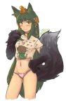  ! 1girl absurdres animal_ears anubis_(monster_girl_encyclopedia) bangs blush closed_mouth collar commentary contrapposto cowboy_shot crop_top egyptian_clothes eyebrows_visible_through_hair green_eyes green_hair hair_ornament hand_on_hip heart heart_print hhhori highres jewelry long_hair looking_at_viewer midriff monster_girl monster_girl_encyclopedia navel pajamas panties paws pink_panties pink_shirt shirt signature simple_background slit_pupils smile snake_hair_ornament solo standing tail underwear very_long_hair white_background wolf_ears wolf_tail 