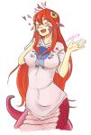  &gt;_&lt; 1girl :d absurdres ahoge animal_ears blush_stickers breasts commentary cowboy_shot eyebrows_visible_through_hair facial_mark fang hair_between_eyes hair_ornament heart hhhori highres jewelry lamia large_breasts long_hair miia_(monster_musume) monster_girl monster_musume_no_iru_nichijou open_mouth pajamas pink_pajamas redhead ring short_sleeves signature simple_background smile snake_tail solo standing wedding_band white_background 