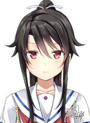  1girl black_hair gleision_adain high_school_fleet long_hair looking_at_viewer munetani_mashiro neckerchief ponytail red_eyes red_neckerchief rope school_uniform serafuku signature simple_background solo upper_body white_background white_sailor_collar 