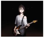  1girl bangs brown_eyes brown_hair commentary_request dark_background guitar hair_between_eyes highres holding holding_instrument instrument looking_at_viewer off_shoulder parted_lips rr_(suisse200) shirt short_hair short_sleeves solo standing upper_body white_shirt 