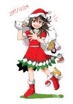  1girl 2017 boots brown_hair carrying_bag christmas commentary_request dated doll double_dealing_character dress fang hair_between_eyes hand_on_own_chest hat highres horns kijin_seija long_hair looking_at_viewer multicolored_hair open_mouth raccoon_tail red_eyes redhead santa_hat shadow solo streaked_hair sweatdrop tail tako_(plastic_protein) touhou translation_request yin_yang_orb 
