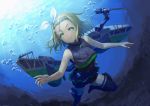  &gt;:t 10s 1girl :t air_bubble backlighting bare_arms bare_shoulders black_legwear black_swimsuit blonde_hair bubble closed_mouth commentary_request covered_navel crop_top day diving dutch_angle forehead green_eyes hair_ribbon hair_slicked_back hairband holster kantai_collection legs_apart luigi_torelli_(kantai_collection) machinery one-piece_swimsuit ribbon short_hair sleeveless solo sunlight swimsuit swimsuit_skirt tan_taka tareme thigh-highs thigh_holster thigh_strap turret underwater water white_hairband white_ribbon 