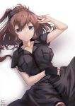  10s 1girl 2017 artist_name blue_eyes breast_pocket breasts brown_hair cowboy_shot dated ekusufeito fingerless_gloves gloves highres kantai_collection large_breasts long_hair lying pocket ponytail remodel_(kantai_collection) saratoga_(kantai_collection) side_ponytail single_glove solo thigh-highs 