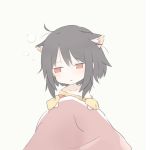  1girl ahoge animal_ears black_hair blanket cat_ears chibi hagi_neco highres kono_subarashii_sekai_ni_shukufuku_wo! megumin red_eyes shirt_slip short_hair simple_background sleepy sleeves_past_wrists solo waking_up 