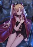  1girl bangs bare_legs black_dress black_panties blonde_hair bow cape closed_mouth detached_collar dress earrings ereshkigal_(fate/grand_order) fate/grand_order fate_(series) feet_out_of_frame fingernails hair_bow hairband hand_on_own_chest jacky5493 jewelry legs_together long_hair looking_at_viewer nail_polish orange_eyes panties red_bow red_cape single_sleeve sitting skull solo tohsaka_rin twintails underwear 