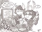  2boys ? boots bowl can cup dammek eating english fang food food_on_face greyscale grubs highres hiveswap homestuck hone_(honesk1) horns insect male_focus messy_room monochrome mug multiple_boys short_hair signature simple_background soda_can spoken_question_mark stereo sunglasses sweatdrop troll_(homestuck) white_background xefros_tritoh 